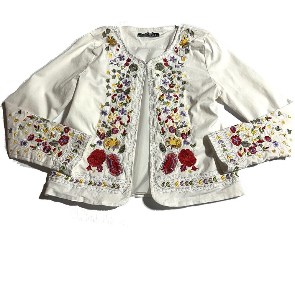 PACHAMAMA White Embroidered Blazer Jacket Size S Long Sleeve Cotton Blend